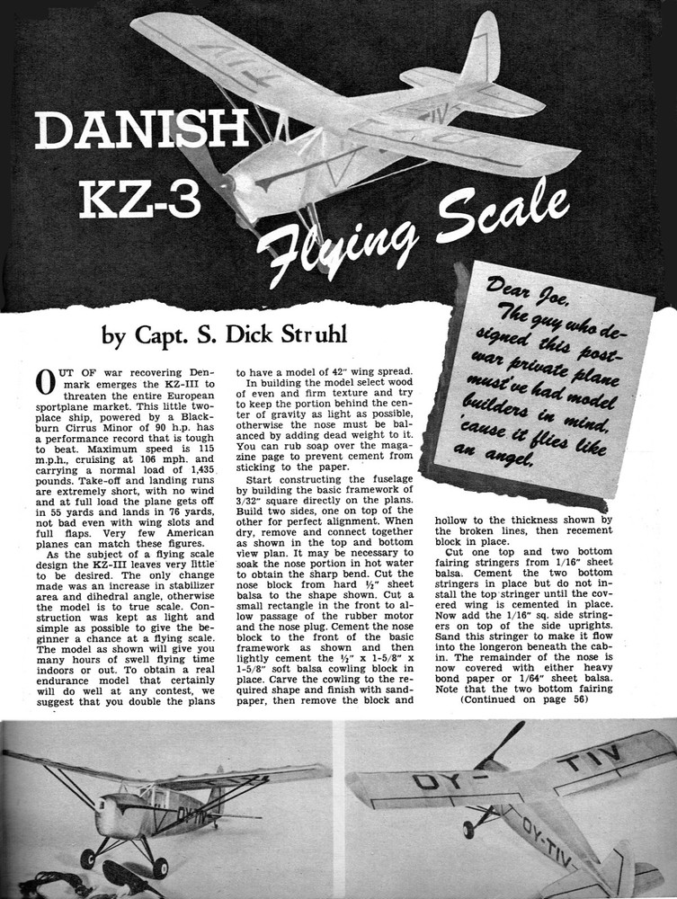 Model Airplane Plans (FF): Danish KZ-3 19" Scale Rubber-Powered by Dick Struhl
