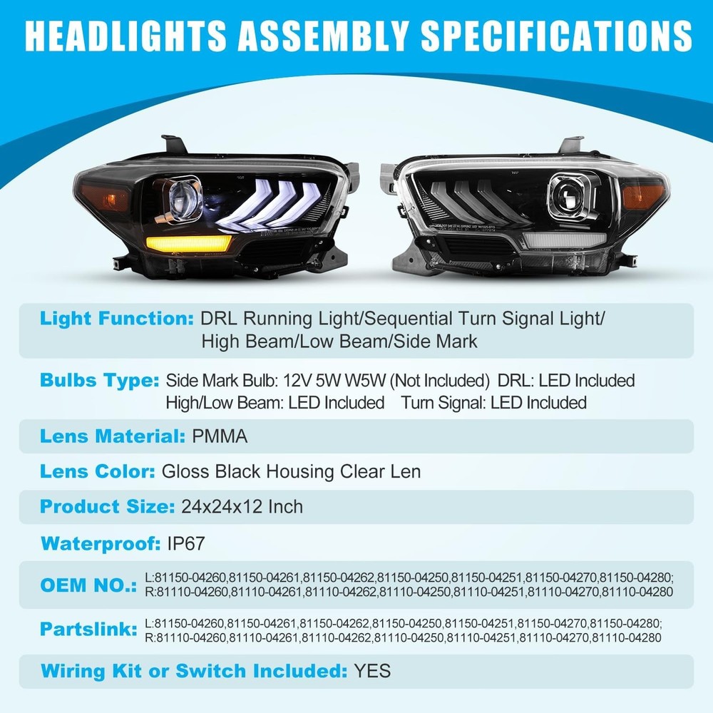 LED 车头灯适用于 2016 - 2023 塔科马 SR5 TRD 运动顺序 DRL 光面黑色