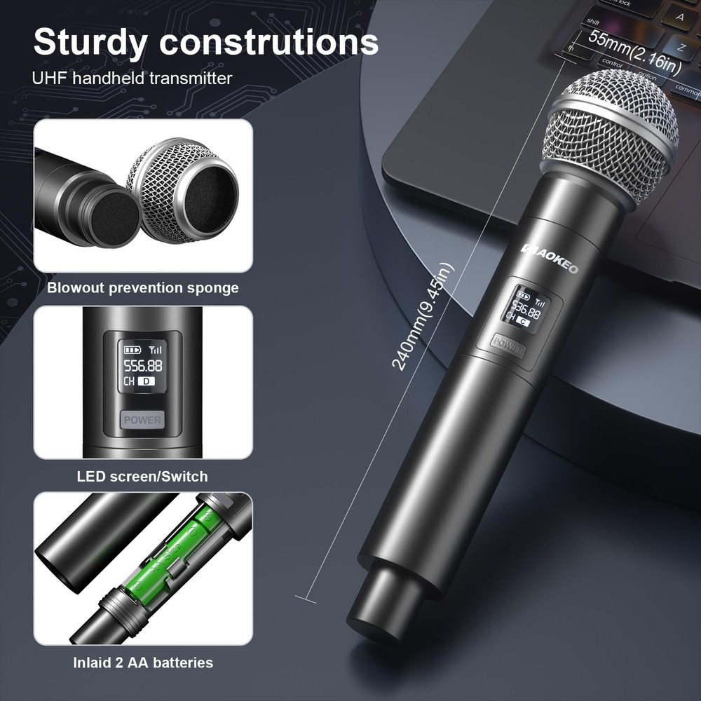 Wireless Microphones System, 4 Channel UHF Wireless Mics,with 4 Handheld Grey