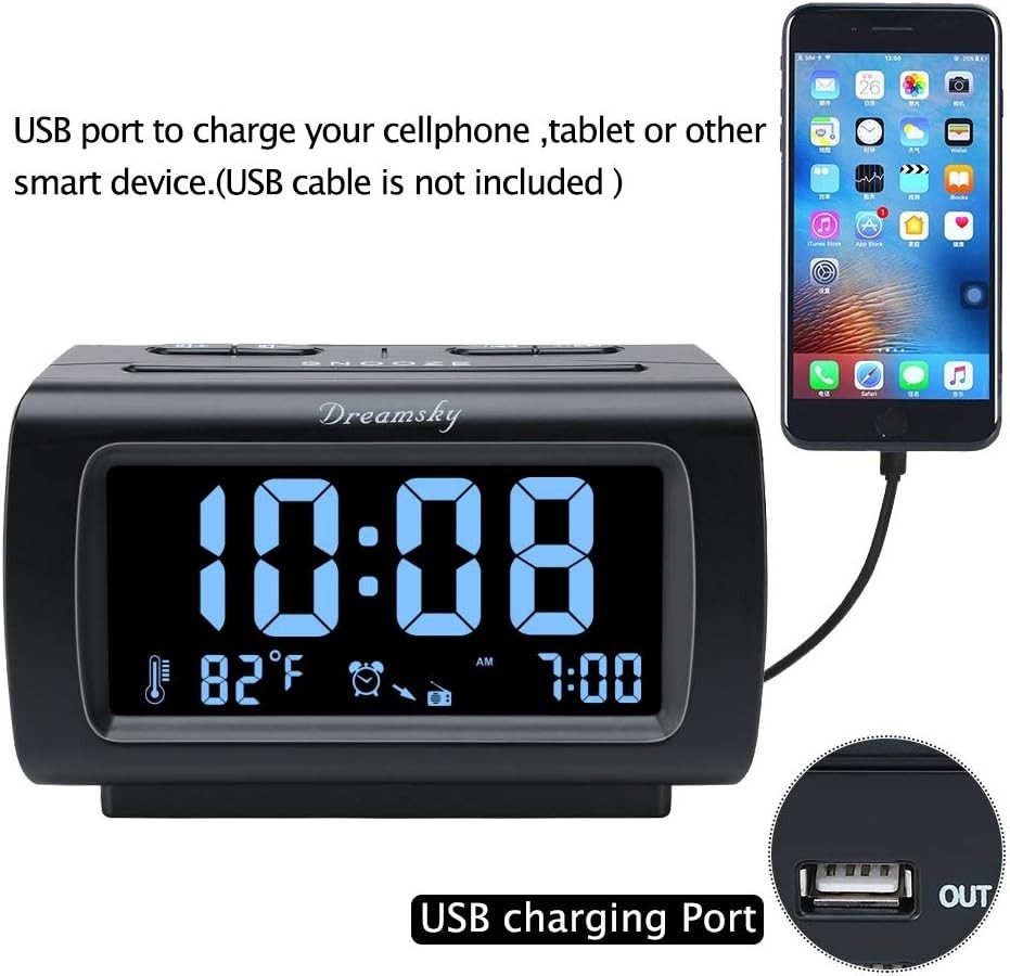 Large Display FM Alarm Clock with Adjustable Brightness & Temperature - Black