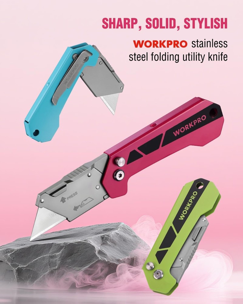 WORKPRO Pocket Folding Utility Knife Box Cutter Quick Open Axis Lock 10PCS Blade