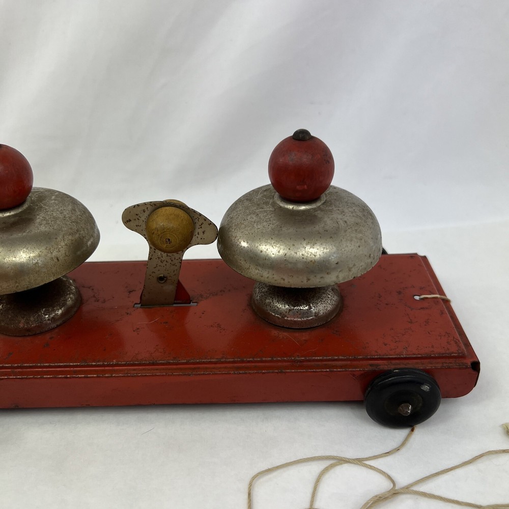 Vintage Pressed Steel Pull Toy - Double Bell No String Marx Red Tin