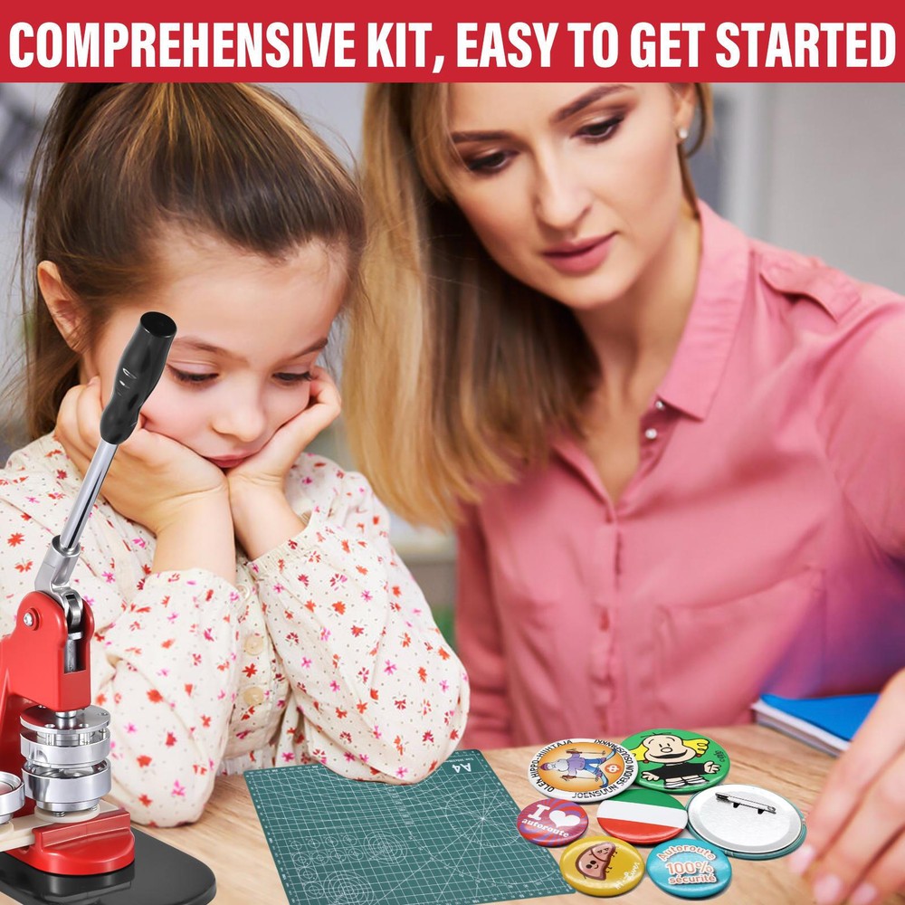 Button Maker Machine with 900pcs Pin Components, Red