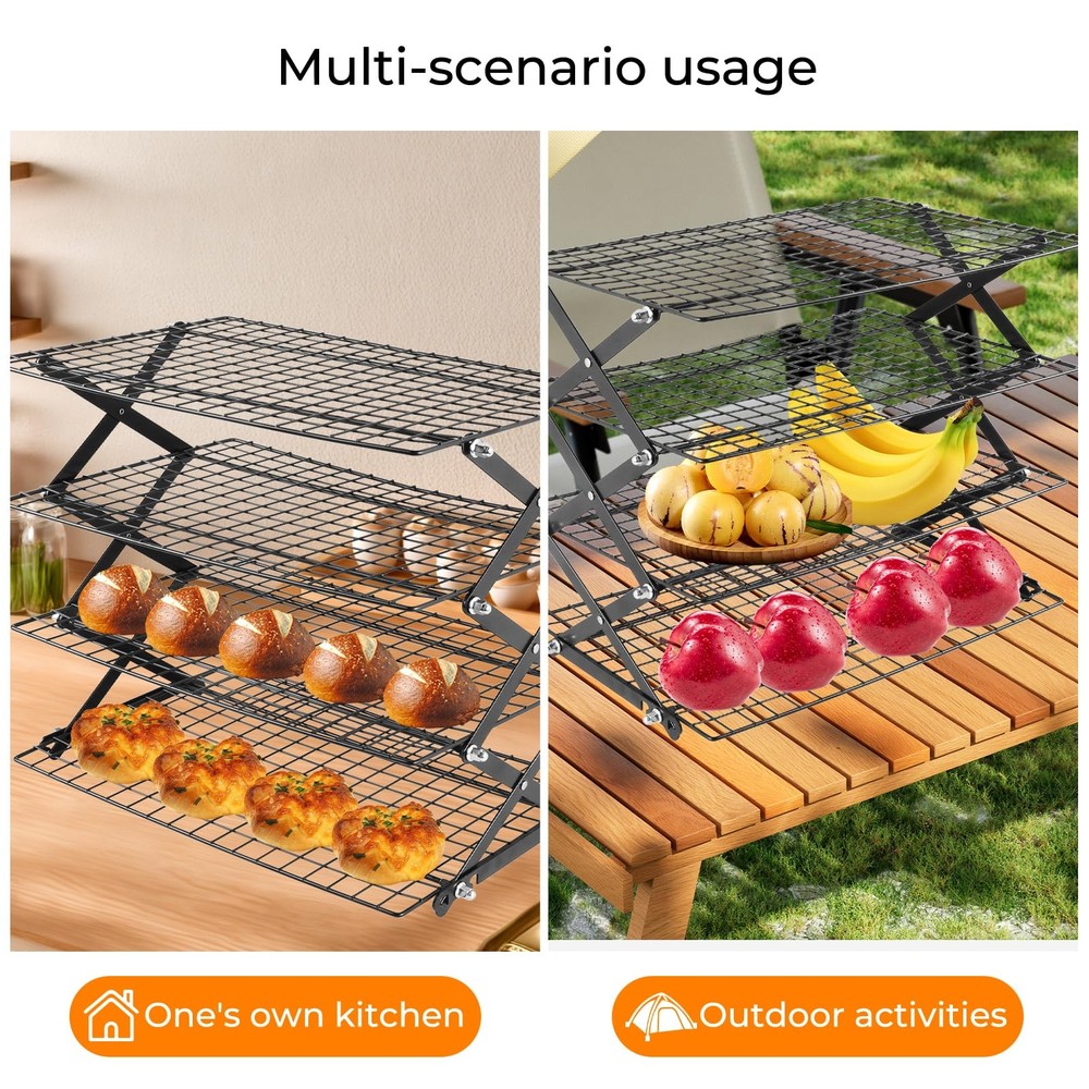 4-Tier Collapsible Cooling Rack with Adjustable 3 Setting, Wire Cooling Roast...