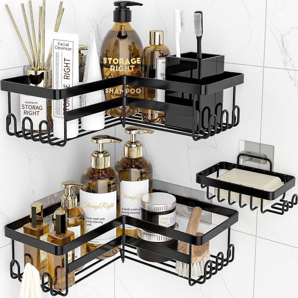 StorageRight Corner Shower Caddy, 3 Pack Adhesive Bathroom Large, Black