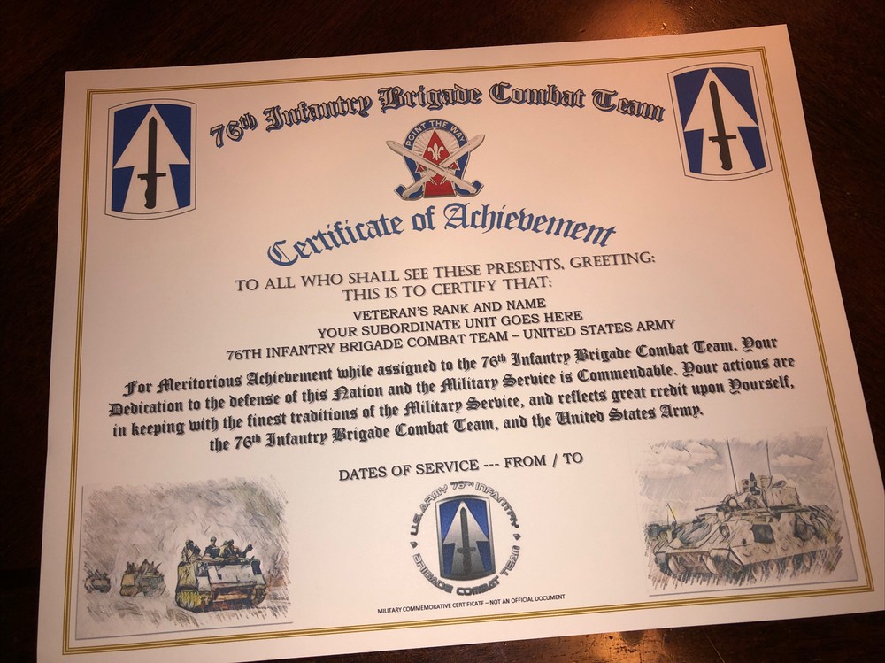 76TH INFANTRY BRIGADE COMBAT TEAM - COA / (COMMEMORATIVE CERTIFICATE)