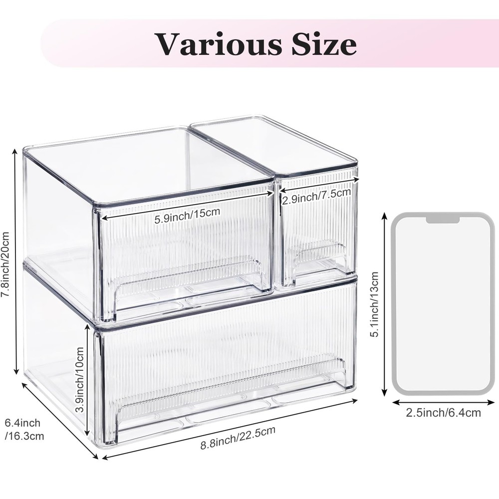 Clear Stackable Makeup Organizer, 3 Pack Plastic Drawer Storage with Handle f...