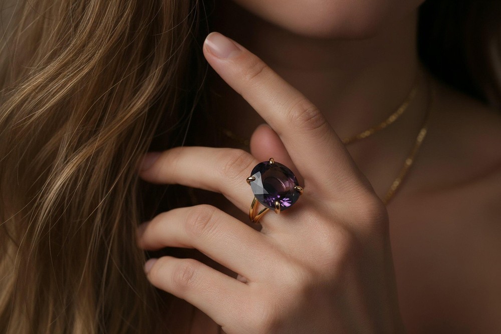 Amethyst Ring Anemone Jewelry 14k Gold Solid Handmade Oval Stone