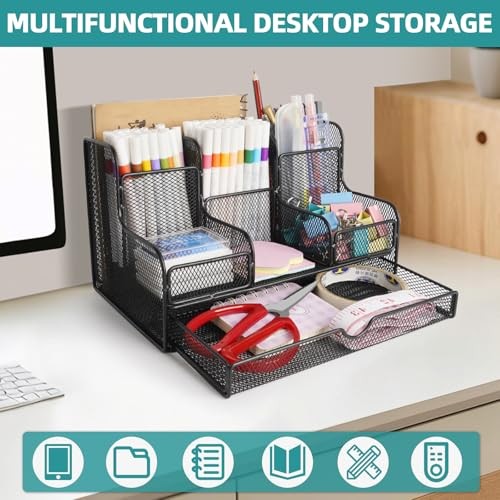 Mesh Desk Organizer Caddy and Accessories with 7 Compartments, Mesh Black