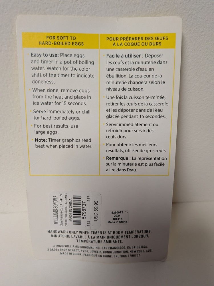 Williams Sonoma Temperature-Based Egg Timer For Soft To Hard Boiled New NIP