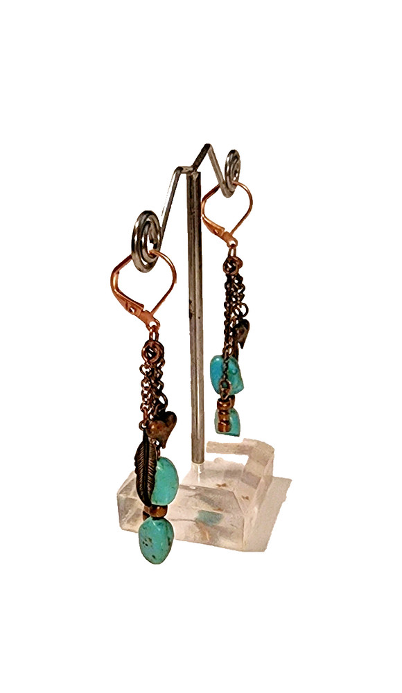 Turquoise Gemstone Earrings on Copper Leverbacks Dangle Chains Heart Leaf Charms