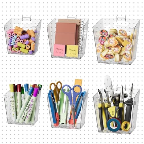 Pegboard Cups with Hooks 6 Pack, 1/8" & 1/4" Peg Board Orangizer Clear