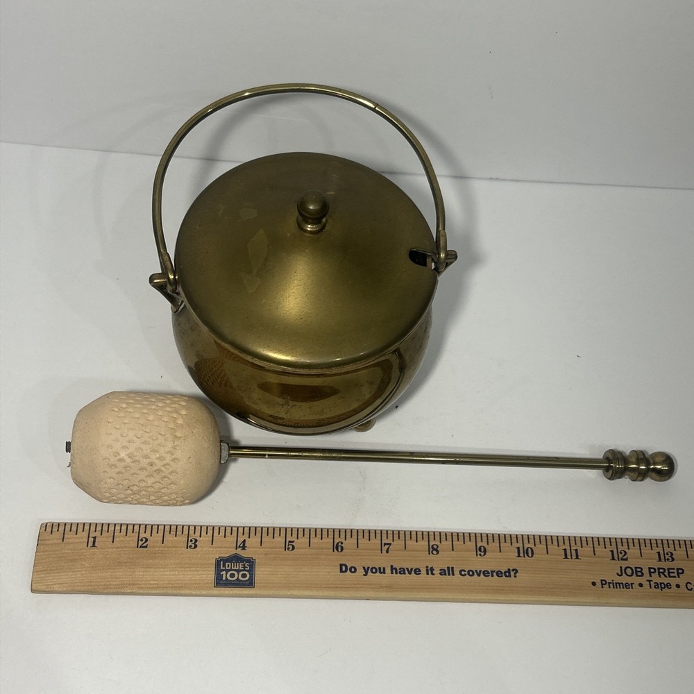 Vintage Solid Brass Smudge Pot Fire Lighter w/ Long Rod & Bail Handle