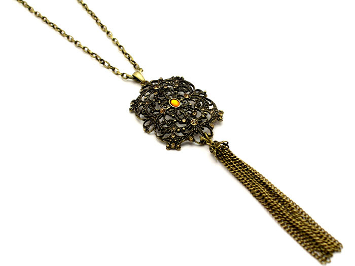 Long Brass "Topaz Charm Tassel" Necklace
