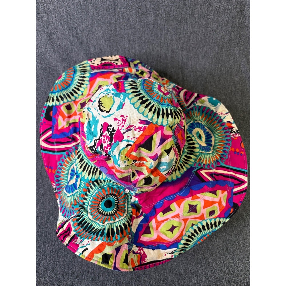 Multicolor Abstract Psychedelic Print Wide Brim Sun Hat Turquoise Lining Boho