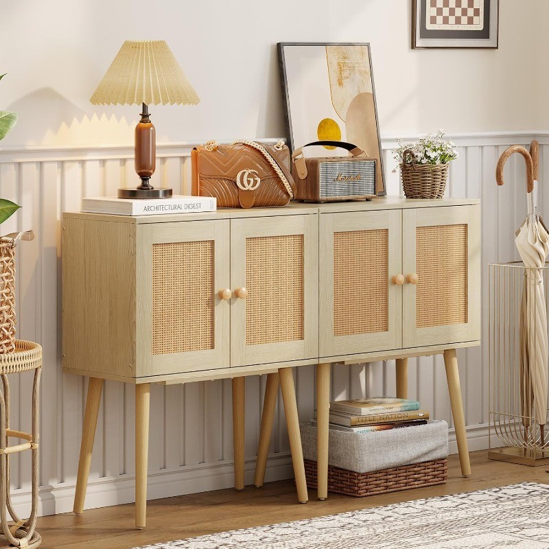 Sideboard Buffet Kitchen Storage Cabinet , Small Coffee Bar Cabinet with Rattan