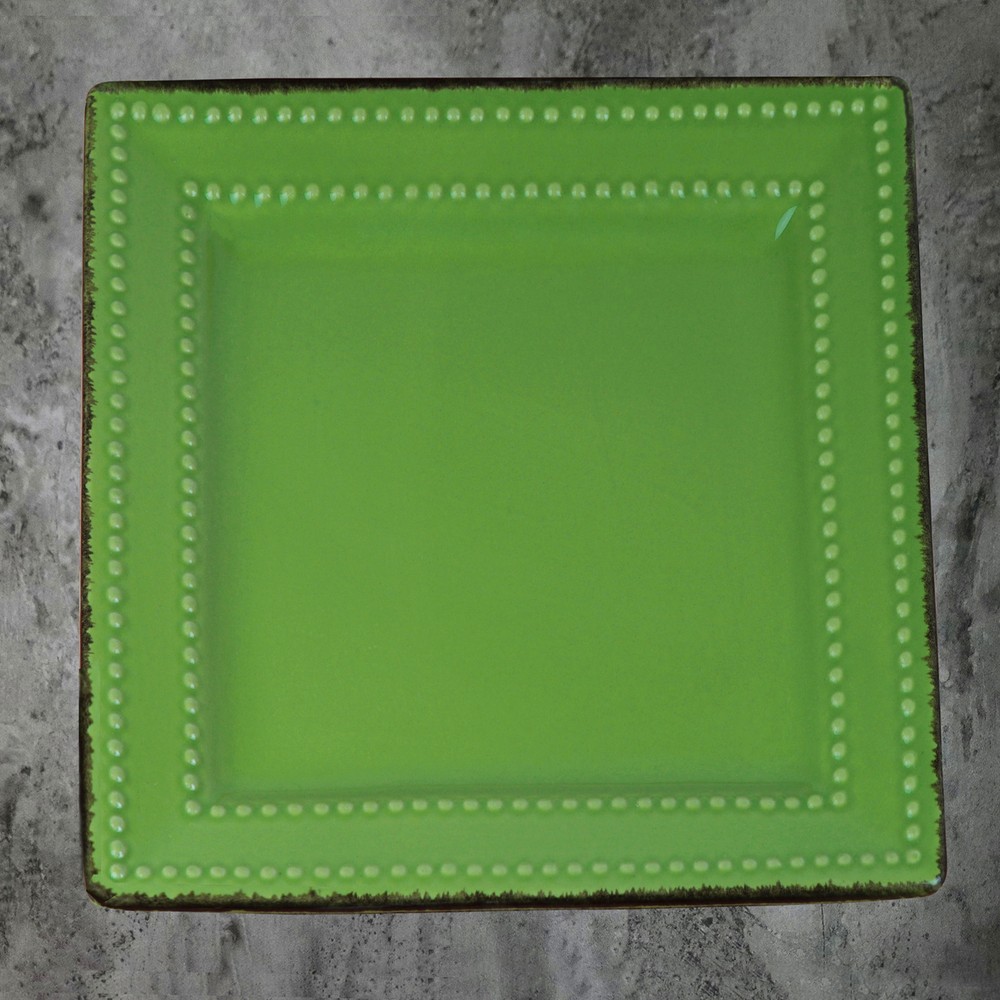 16 Pcs Square Beaded Stoneware Dinnerware set - Green, 16 Piece, Square Beaded