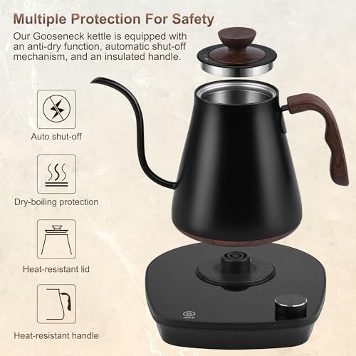 Gooseneck Electric Kettle, Intelligent Temperature Control, Stainless Black