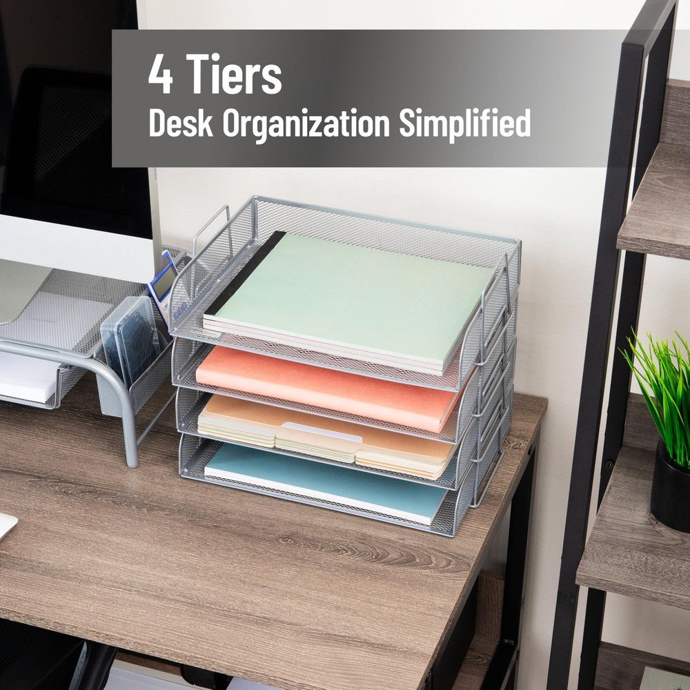 Stackable Tray, Desktop Organizer, File Storage, Office, Metal Mesh, 4 Pcs., ...