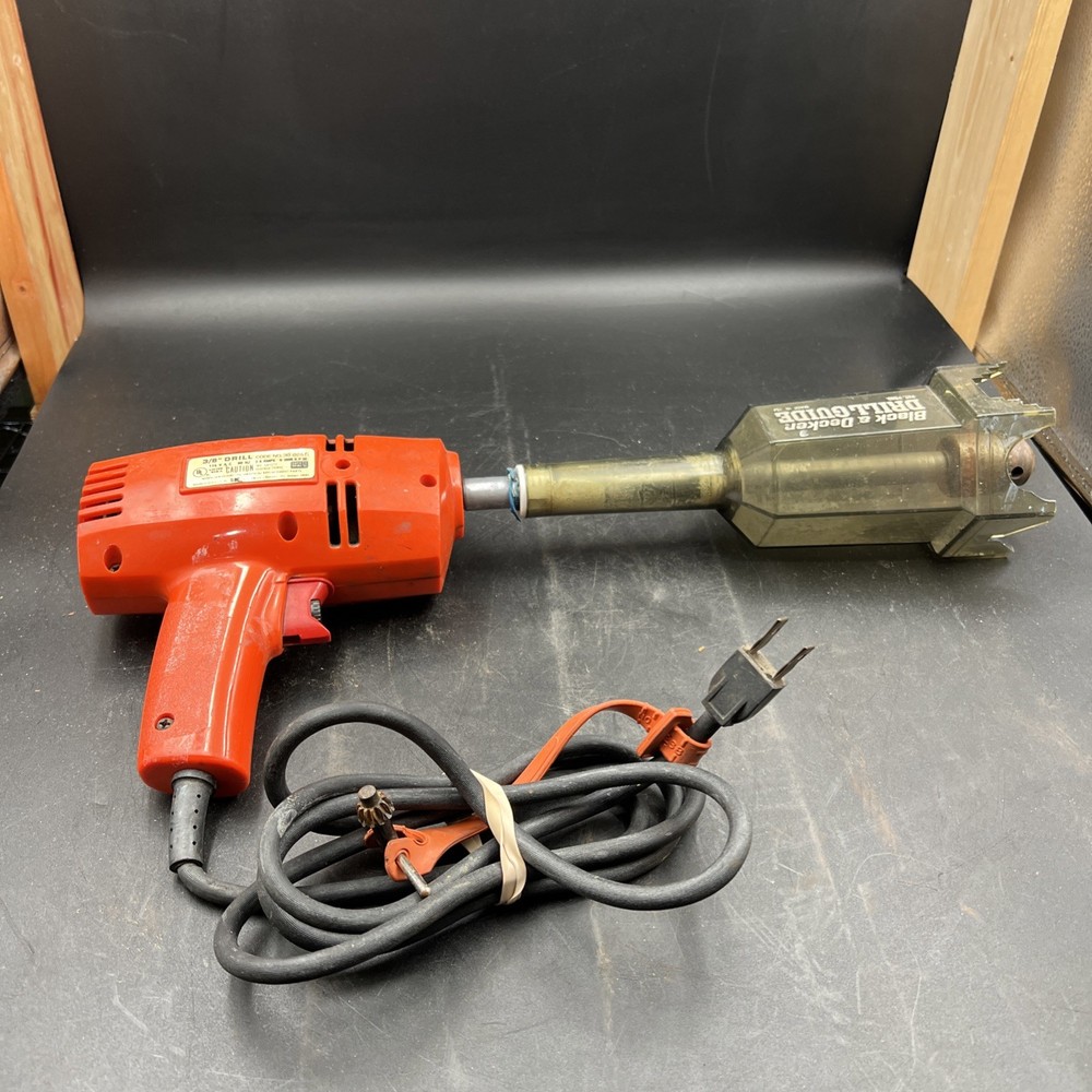 VM Vtg Black & Decker 3/8" Variable Speed Drill w Drill Guide TESTED WORKS