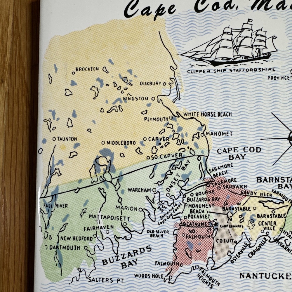 Unbranded Wall Tile 6" x 6” Cape Cod Massachusetts Map Vintage Trivet