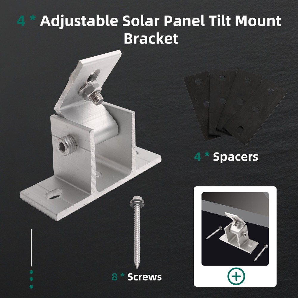 Riyhch 4 Pack Adjustable Solar Panel Tilt Mount Bracket Base, Silver