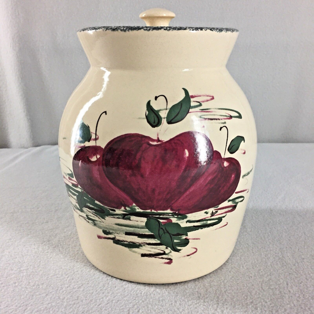 Casey Pottery Marshall TX Large Canister Cookie Storage Jar Apples Pattern 1995