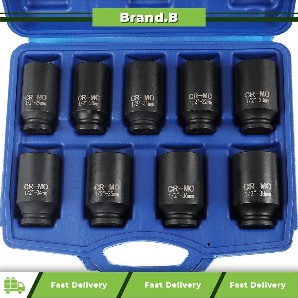 9PCS Deep Impact Socket Tool Kit 1/2" Drive Metric Axle Hub Nut Socket 29-38mm
