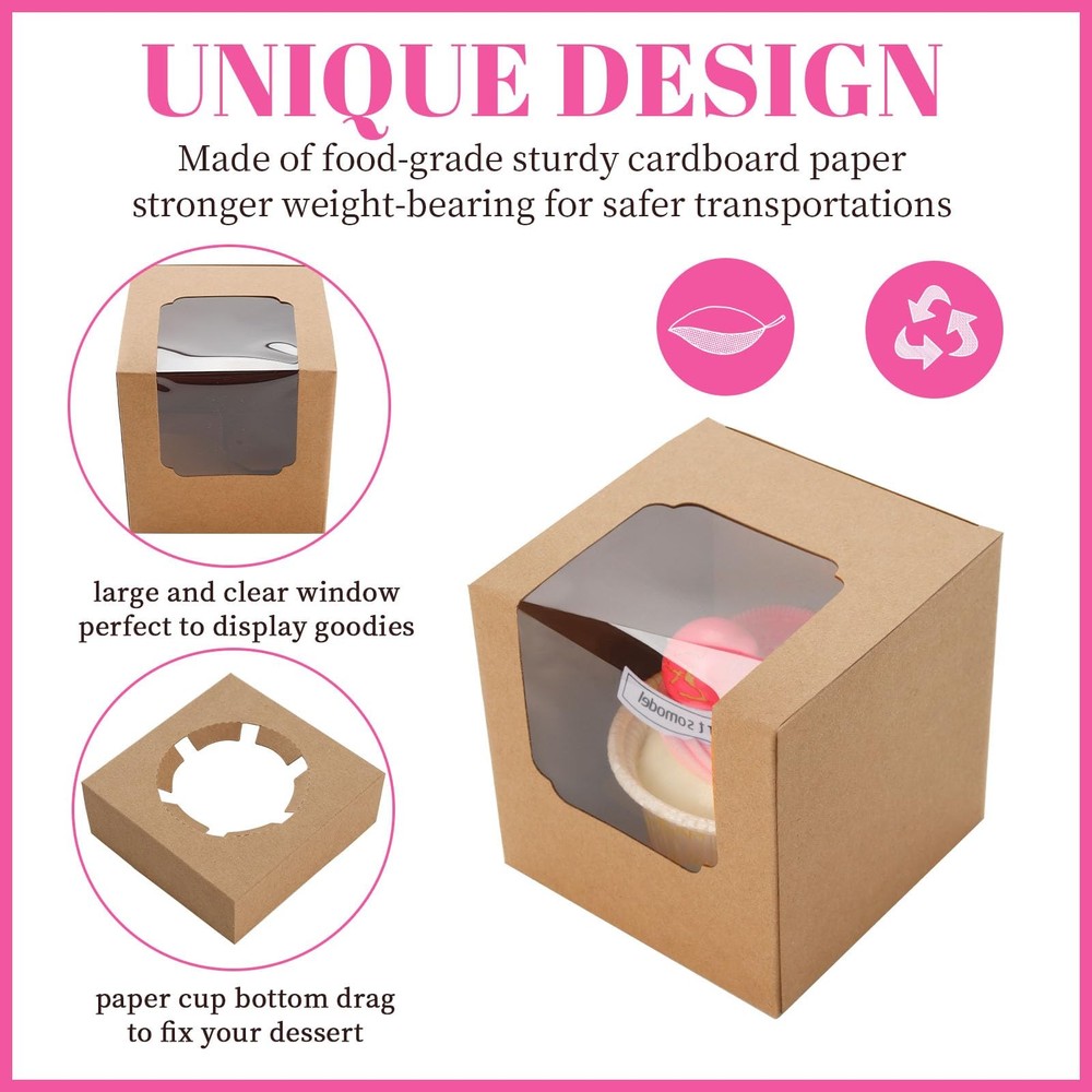 25 Pcs Cupcake Boxes Individual Cupcake Containers Pre-Assembled Single Cupca...