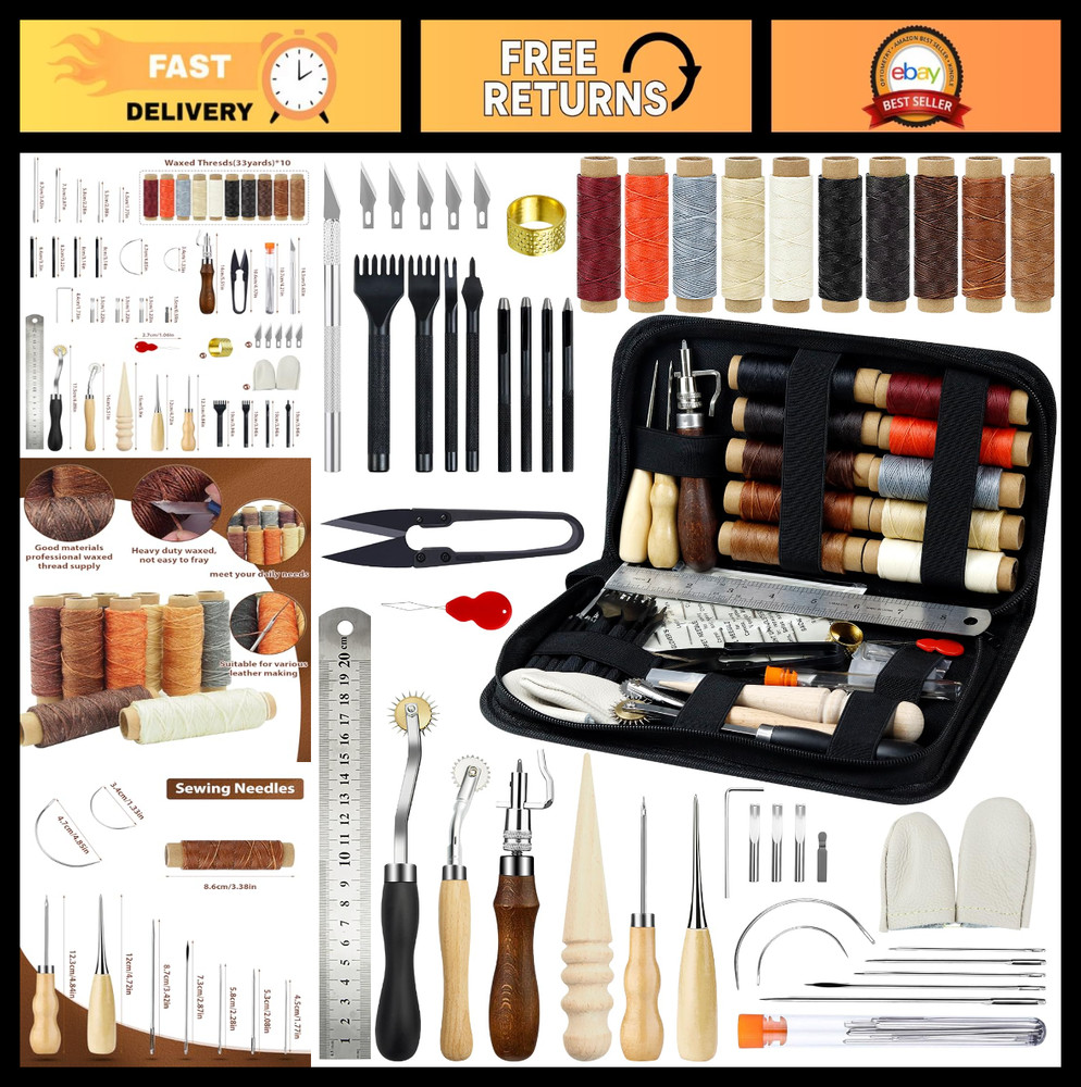 Leather Craft Kit for Beginners - Professional Tools, Waxed Thread, Groover, Awl