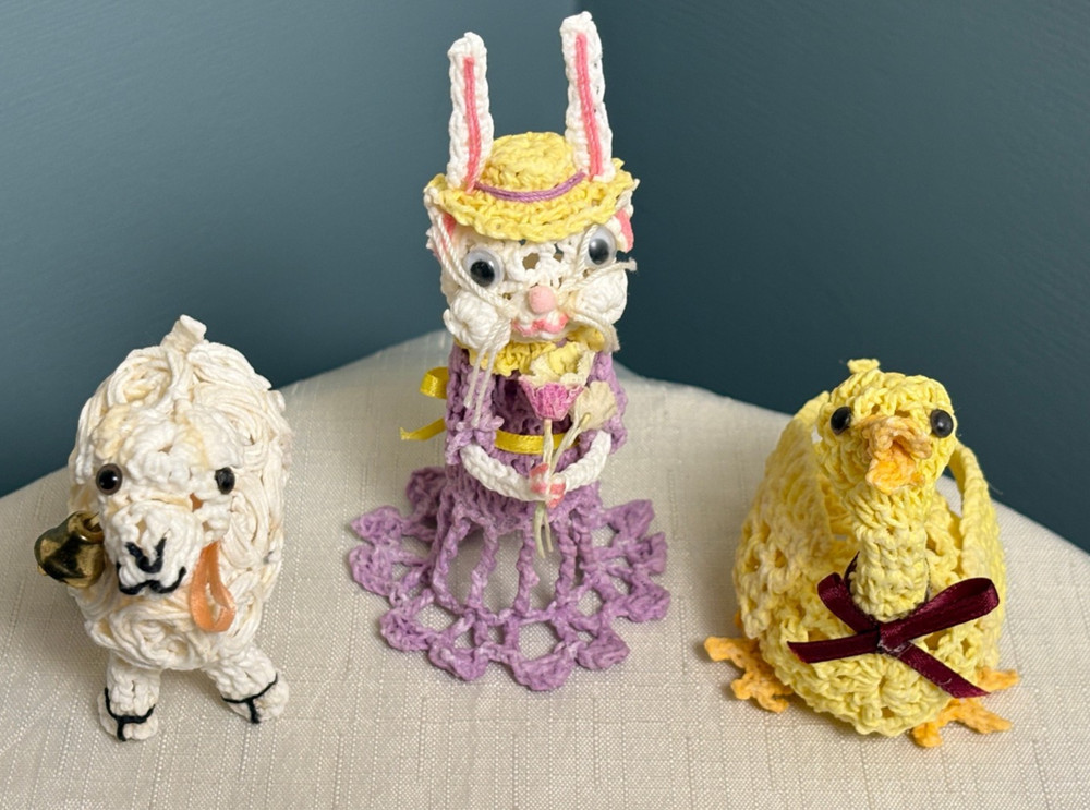 3 Vintage Handmade Starched Crochet String Easter Figures - Lamb Duck Rabbit
