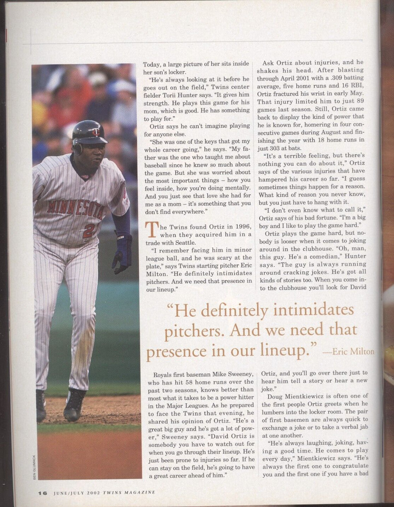 2002 Twins vs Indians: Program Jacque Jones Cover/David Ortiz Article & Photos