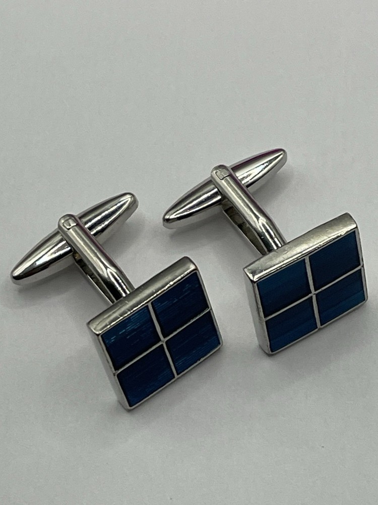 Cufflinks, Silver Tone & Mid Blue Square Front, Bullet Back