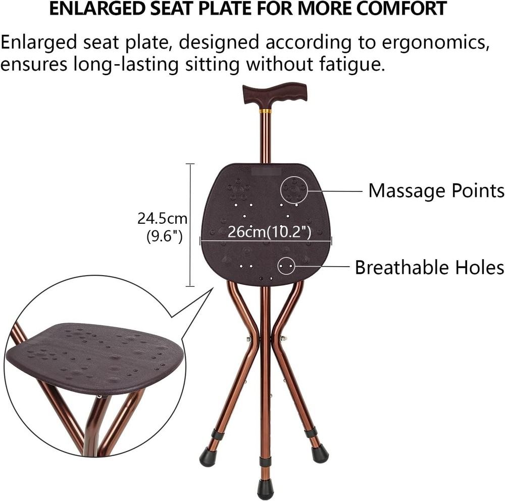 Adjustable Cane with Seat - 265 lbs Capacity, Folding Mobility Aid for Men