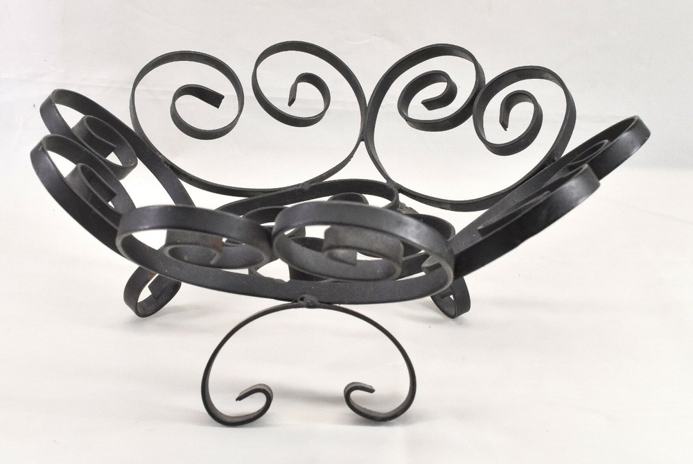 Black Wrought Iron Fruit Basket Footed Bowl Scroll Work Design Rustic Farmhouse