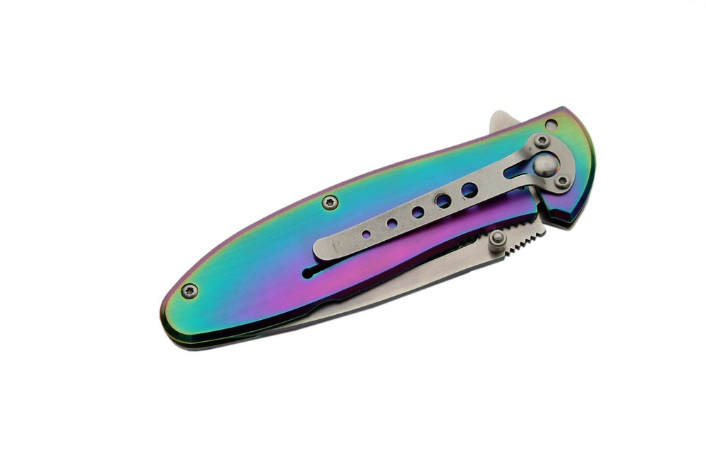 Spring-Assist Folding Knife | Rainbow Bear Embossed Titanium Oxide Blade/Handle