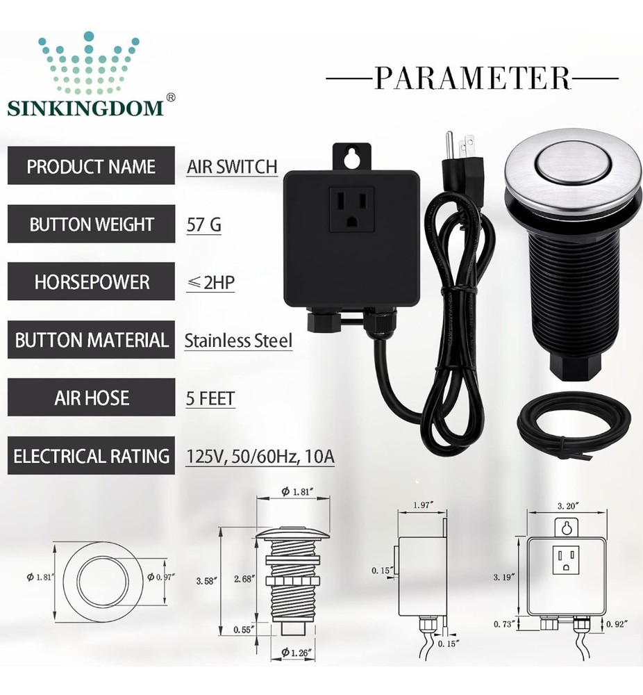 Garbage Disposal SinkTop Air Switch Kit with Long Button,Brass Made...