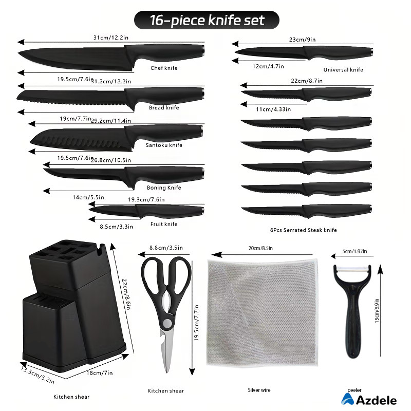 16 Pieces Professional Black Coding Kitchen Knife Block Set with Non-slip Handle