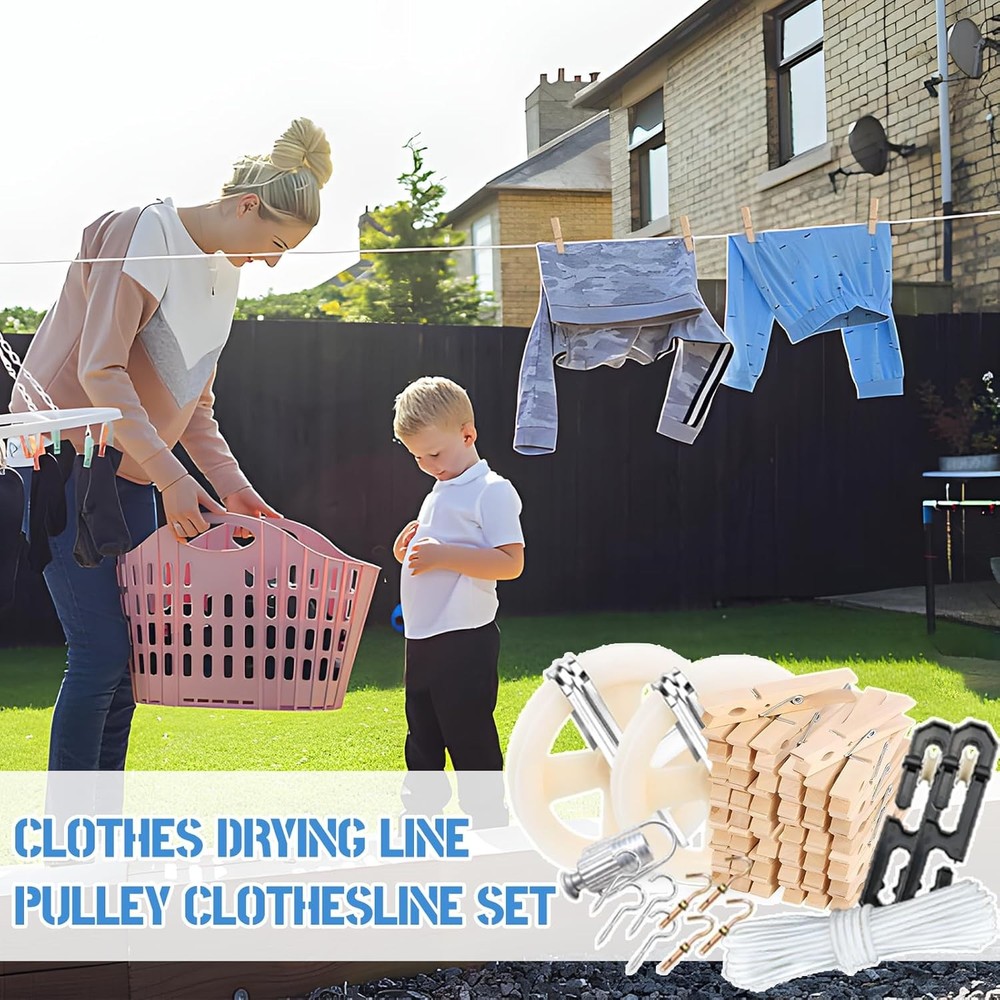 Clothes Line Outdoors, Clothes Line Pulley Kit Include 164ft Polyester
