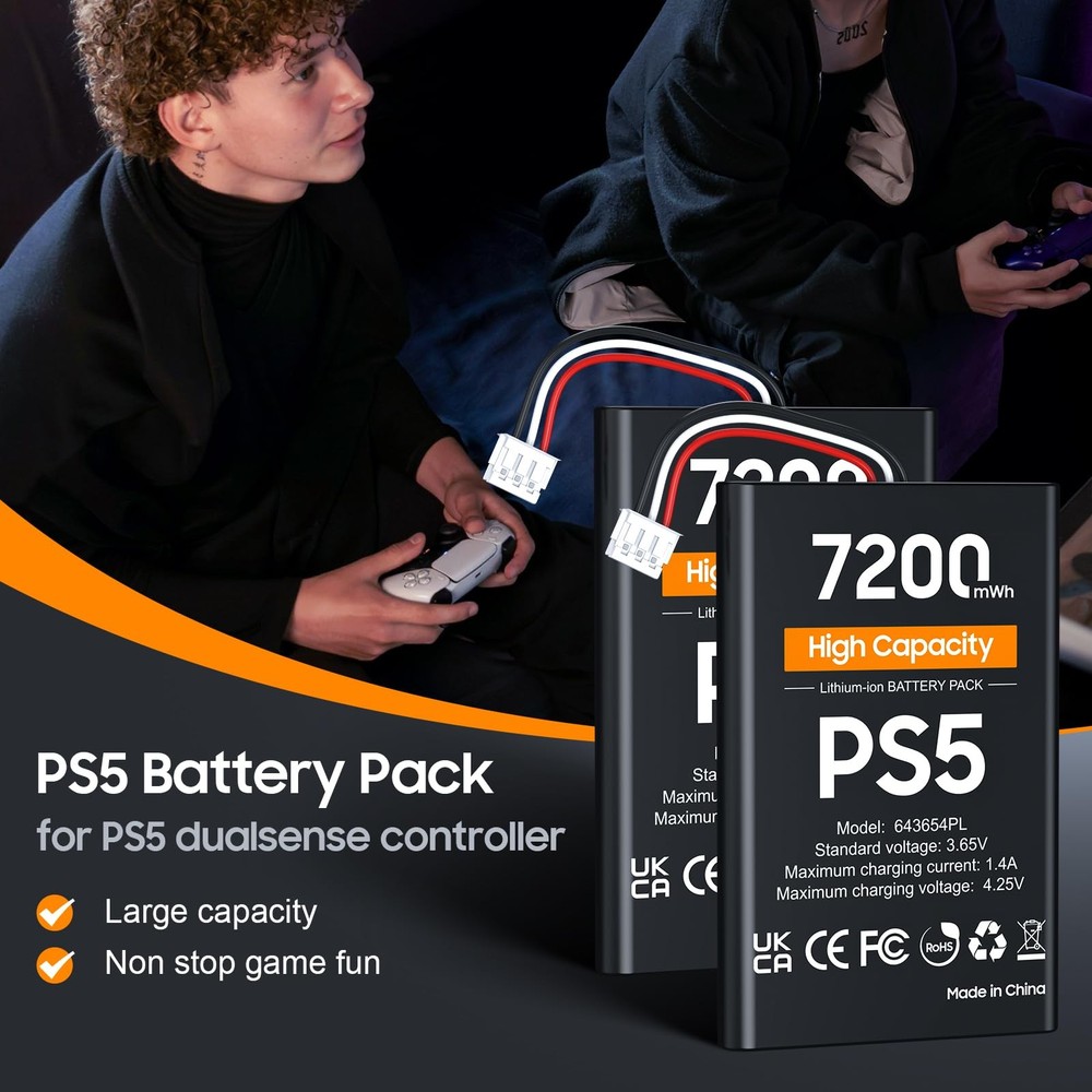 PS5 Controller Battery, High Capacity 2x7200mWh Rechargeable black