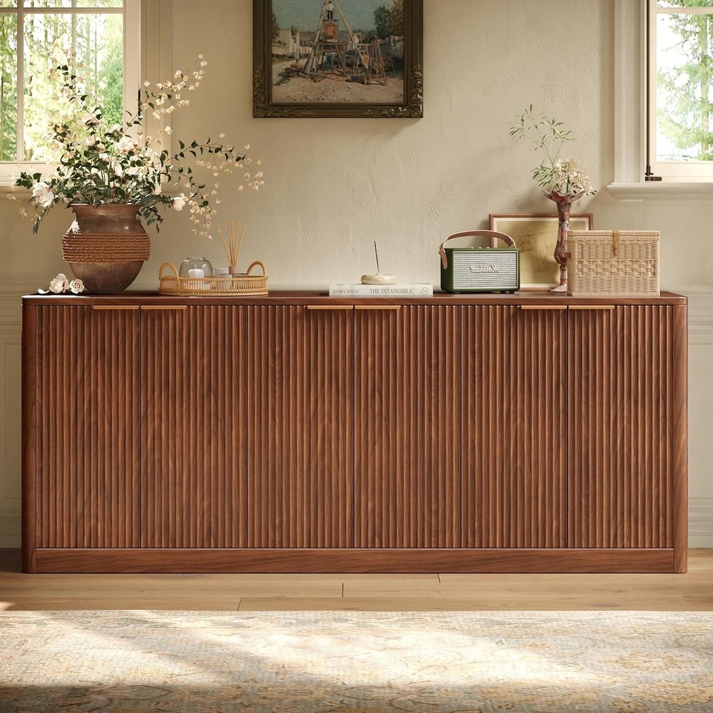 67" Fluted Walnut Buffet Cabinet Sideboard with Storage Large Credenza