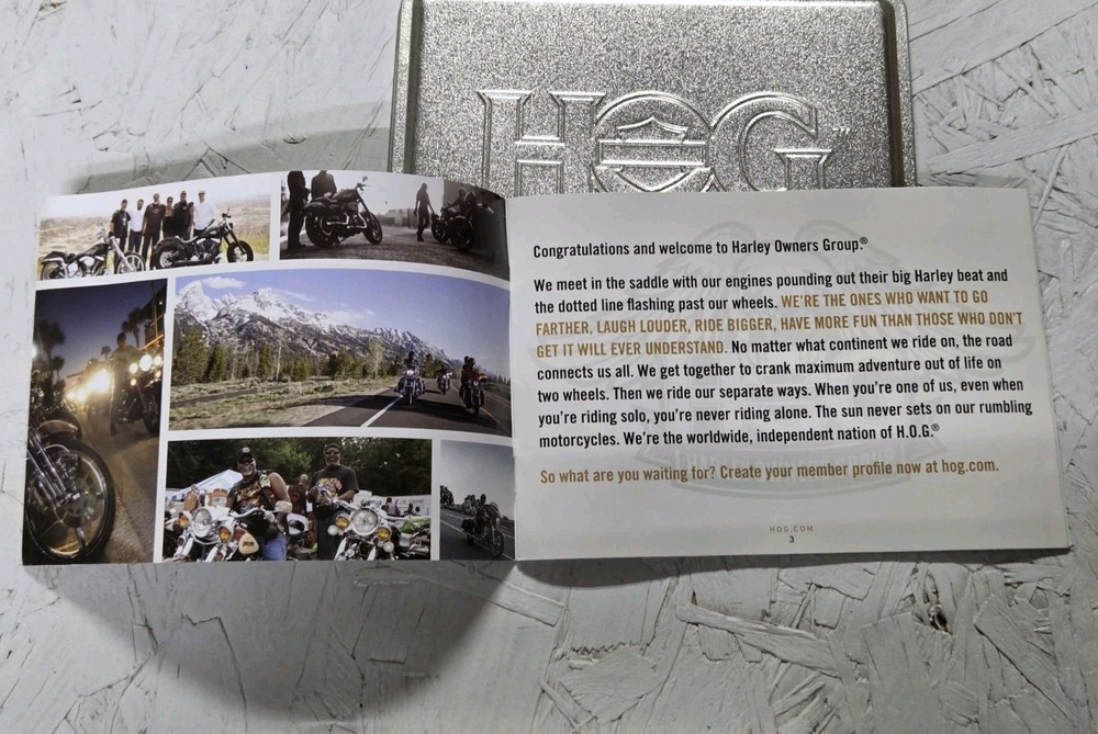 Harley Davidson HOG (Harley Owners Group) Tin w/Booklet, Patch, Pin, & Bell