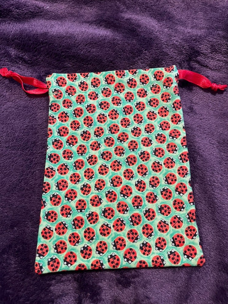 Tarot/Oracle Card Bag Pouch Handmade Drawstring 5x7 Green Red Ladybug