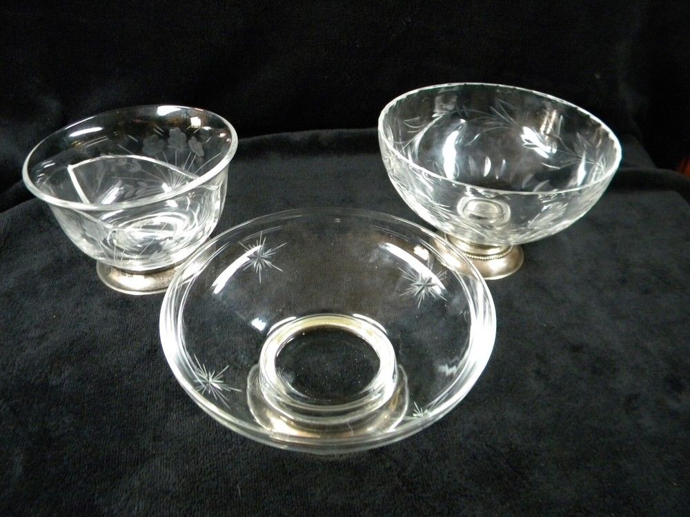 etched glass candy nut dishes with sterling bases