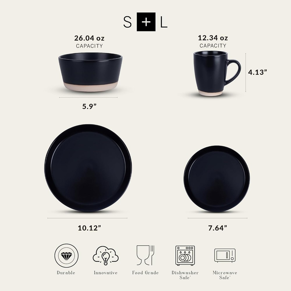 Jules 16-Piece Stoneware Dinnerware Set for 4 - Matte Black, Durable & Elegant