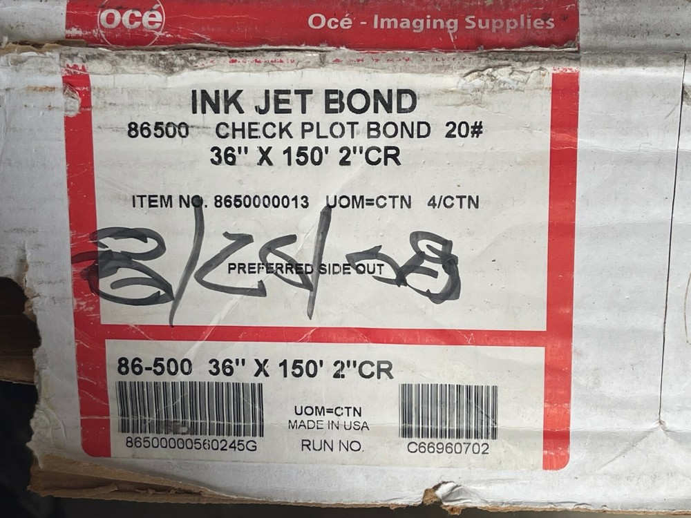 3 pack - Oce 86500 Check Plot Ink Jet Bond Paper 20# 36" x 150' 2" Core