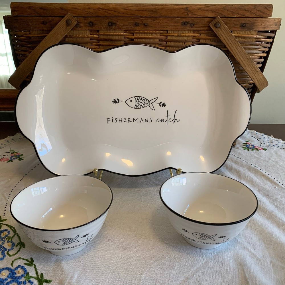 Fisherman's Catch Ceramic Serving Platter & Two Rice Bowls Dining Kitchen Décor