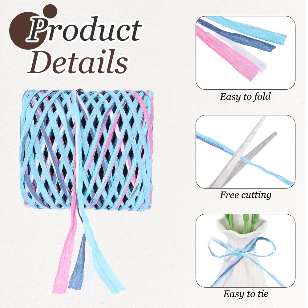 Raffia Ribbon, 131 Yard Natural Raffia Paper String, White, Blue, Purple