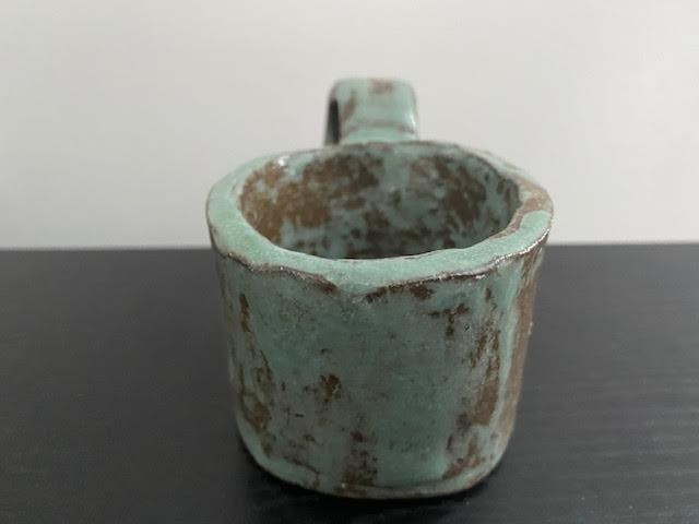 Pottery Handmade Candle Holder Handheld with Handle Rustic Blue Brown Small