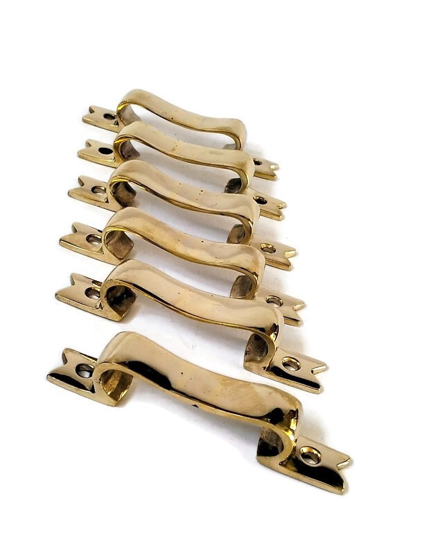 6 PULLS 4"  handle heavy ribbon solid heavy brass old style kitchen GRAB 10 cm